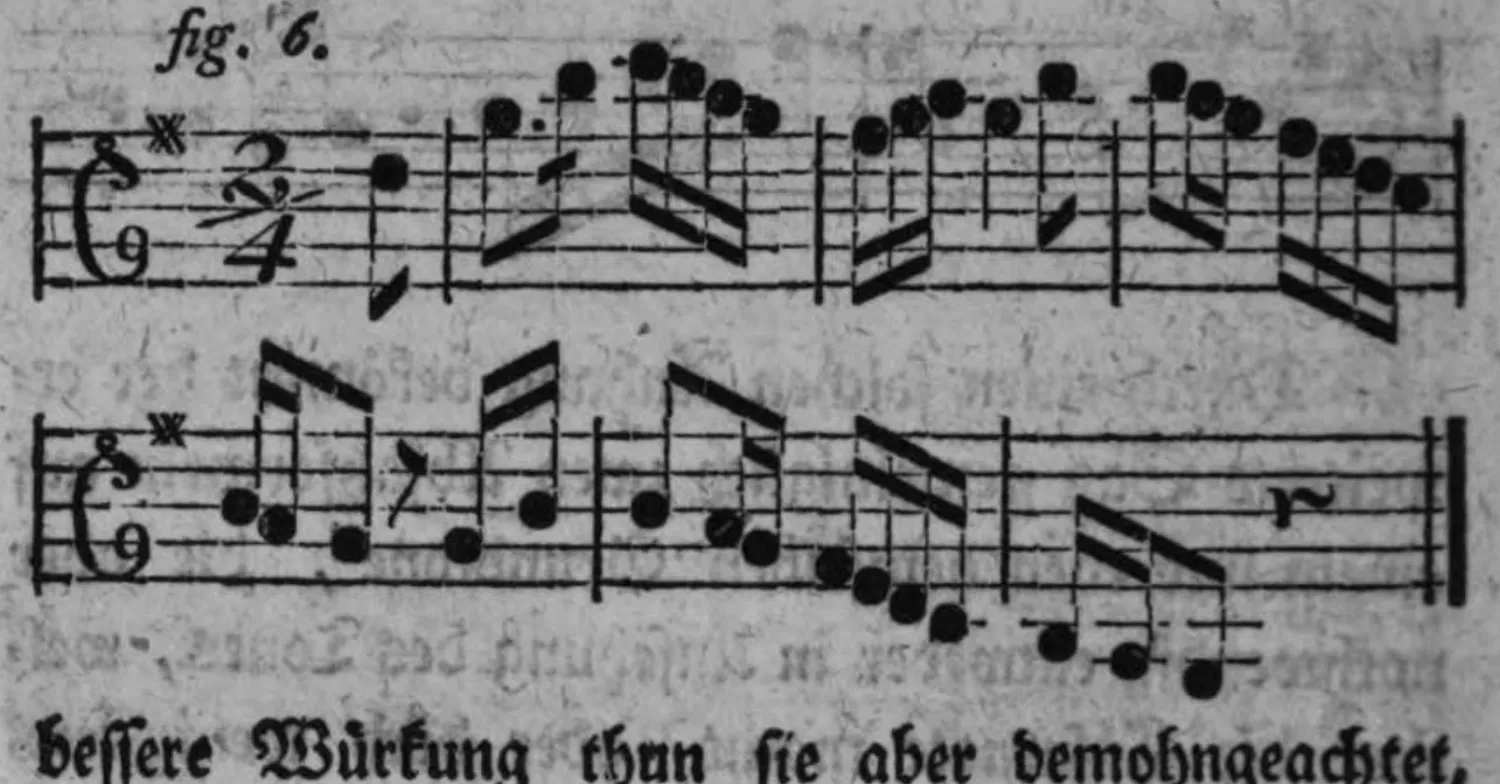 Notenbeyspiel: fig. 6, Anhang eine Octave versezt, zwey Systeme
