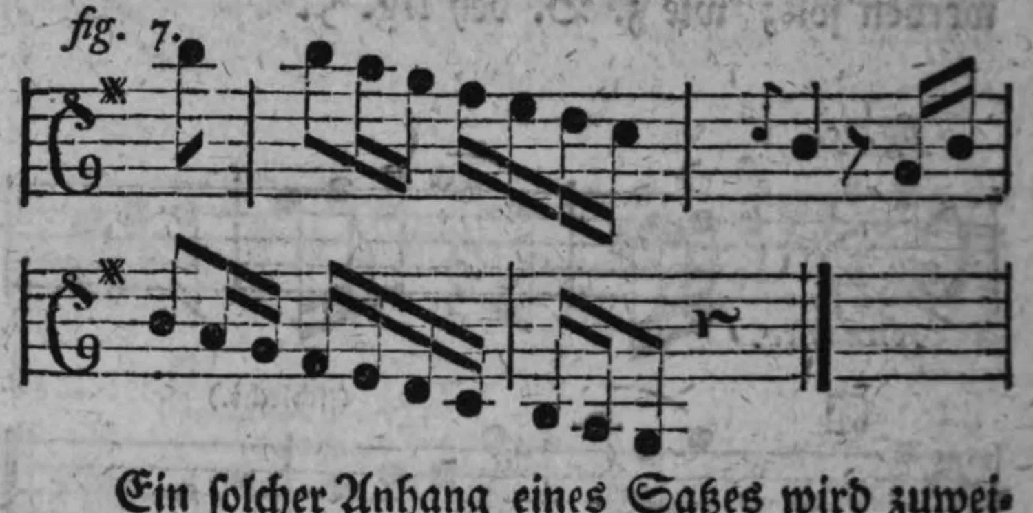 Notenbeyspiel: fig. 7, Anhang mit abgeänderter Ausziehung der lezten vier Tacte, zwey Systeme