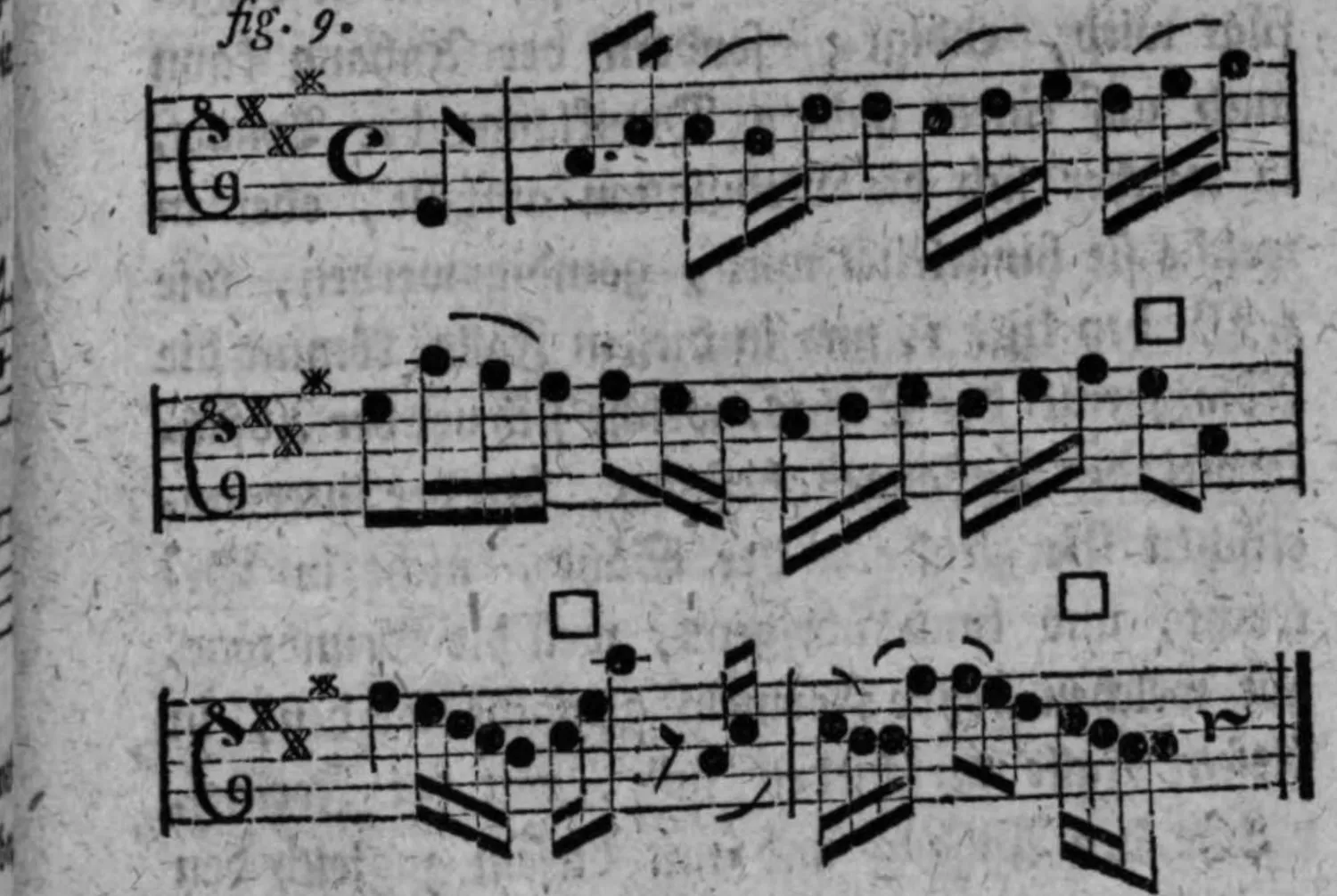 Notenbeyspiel: fig. 9, zwey verschiedene Erklärungssäze als Anhang, drey Systeme, mit □-Zeichen