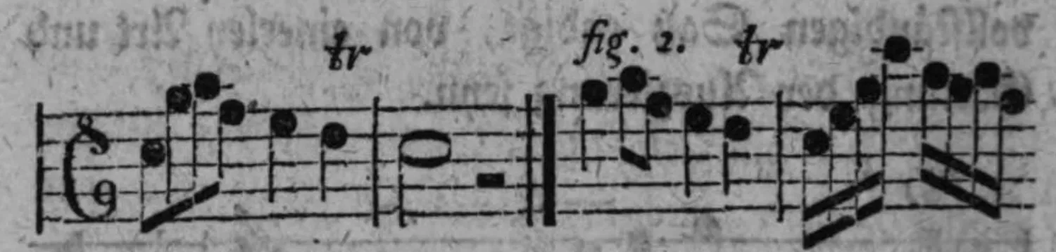 Notenbeyspiel: fig. 1, Fortsetzung, Teilbild 2, endet mit tr und Doppelstrich