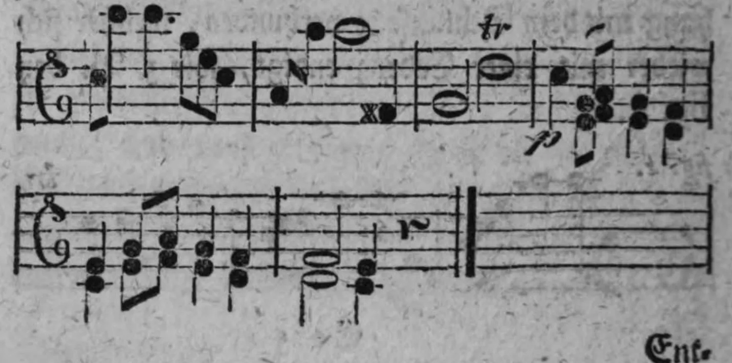 Notenbeyspiel: unbezeichnetes Beyspiel mit uneigentlicher Cadenzformel, mit ff-Bezeichnung, zwey Systeme