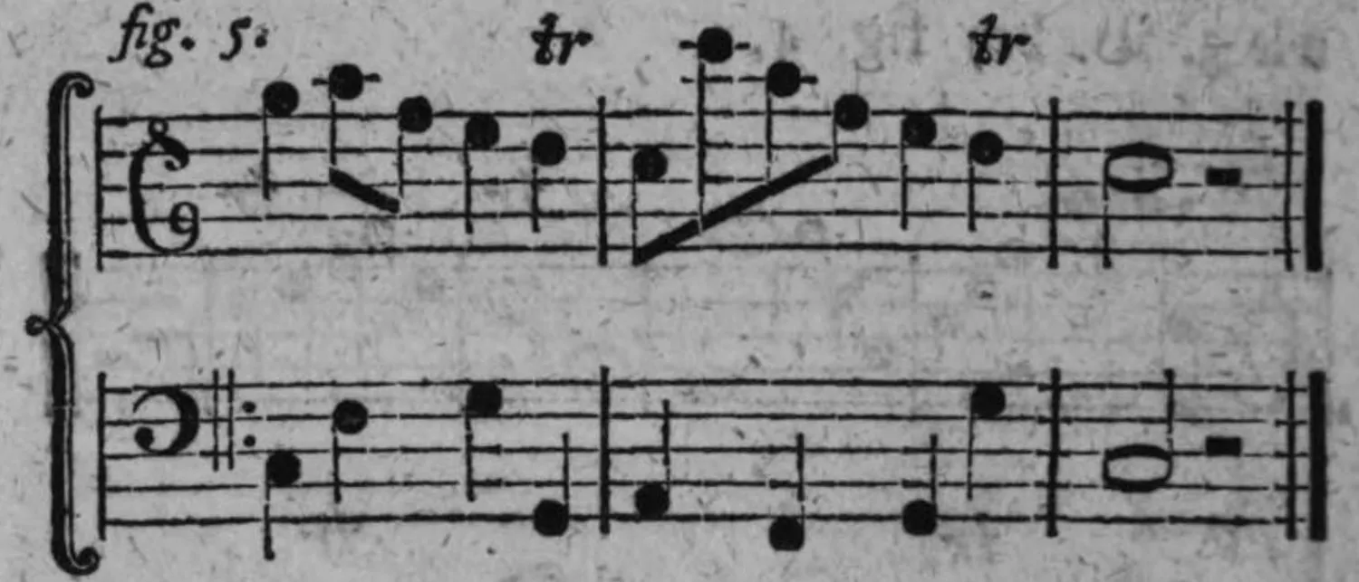 Notenbeyspiel: fig. 5, Trugschluß durch die Grundstimme, zweystimmiger Sazz mit Violin- und Baßstimme, mit zwey tr