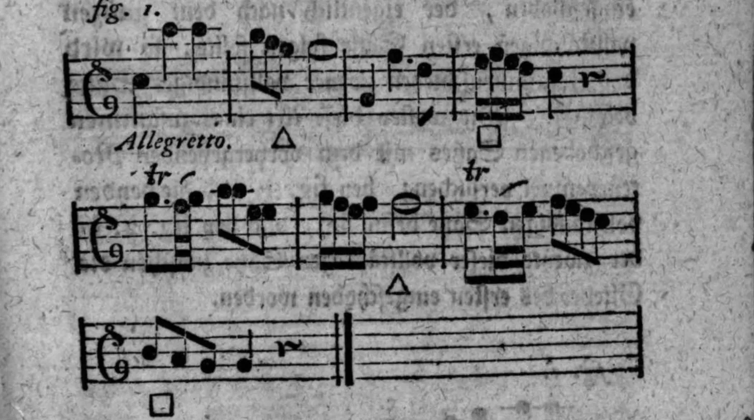 Notenbeyspiel: fig. 1, Allegretto, drey Systeme, mit △-Zeichen, □-Zeichen und tr