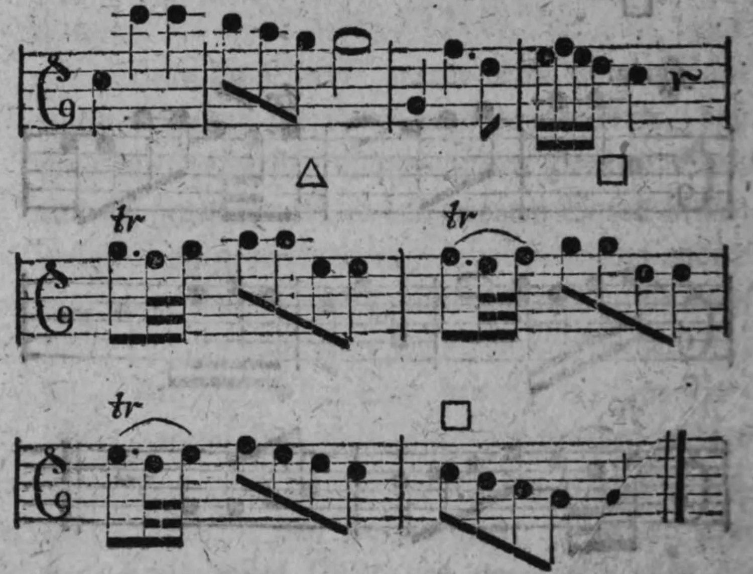 Notenbeyspiel: fig. 1, drey Systeme, mit △-Zeichen, □-Zeichen und tr (zweymal)