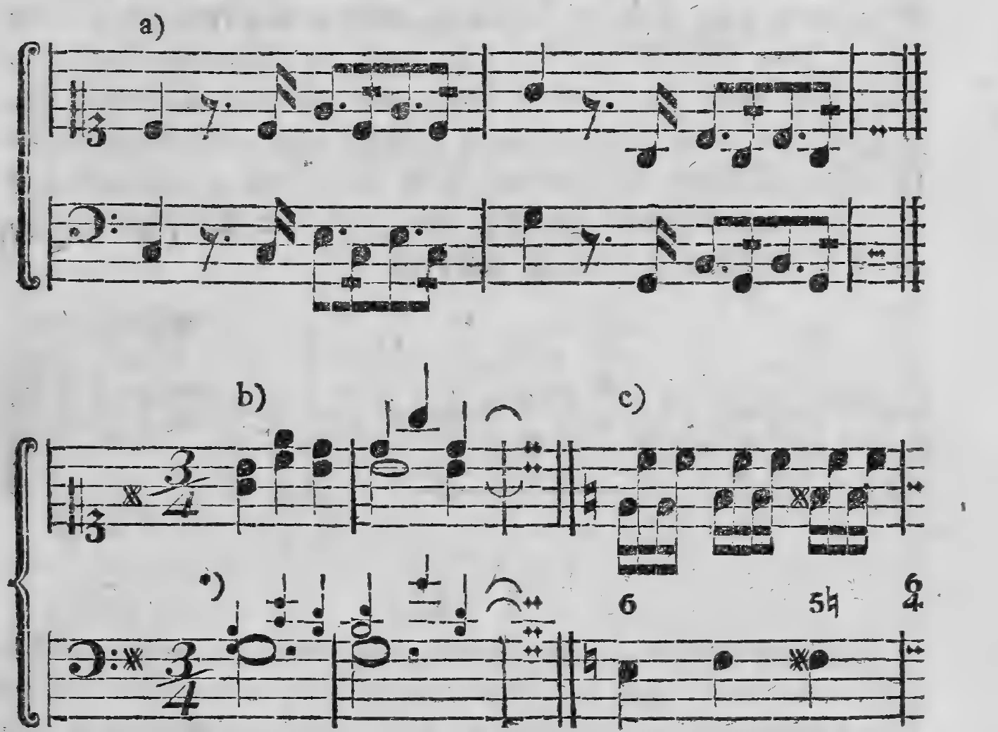 Notenbeyspiel: a) zweystimmig, figurierte Läufe in C dur und G dur (all'-unisono-Verstärkung); b) 3/4-Takt mit ganzen Noten (mit Fußnote ); c) rhythmisch bewegte Fortschreitung mit Bezifferung 6, 5♮, 6/4