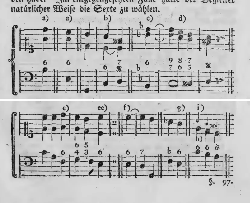 Notenbeyspiel: a) a) b) c) d) – dreystimmige Begleitung des Sextenakkordes, Weglassen der Terz oder Sexte · e) ee) f) g) h) i) – Oktave statt Terz, verdoppelte Sexte, zweystimmige Begleitung