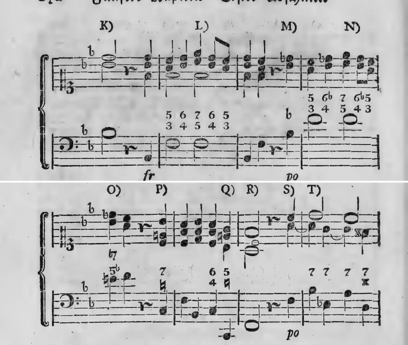Notenbeyspiel: K) L) M) N), Fortsetzung des Uebungsexempels · O) P) Q) R) S) T), Fortsetzung des Uebungsexempels