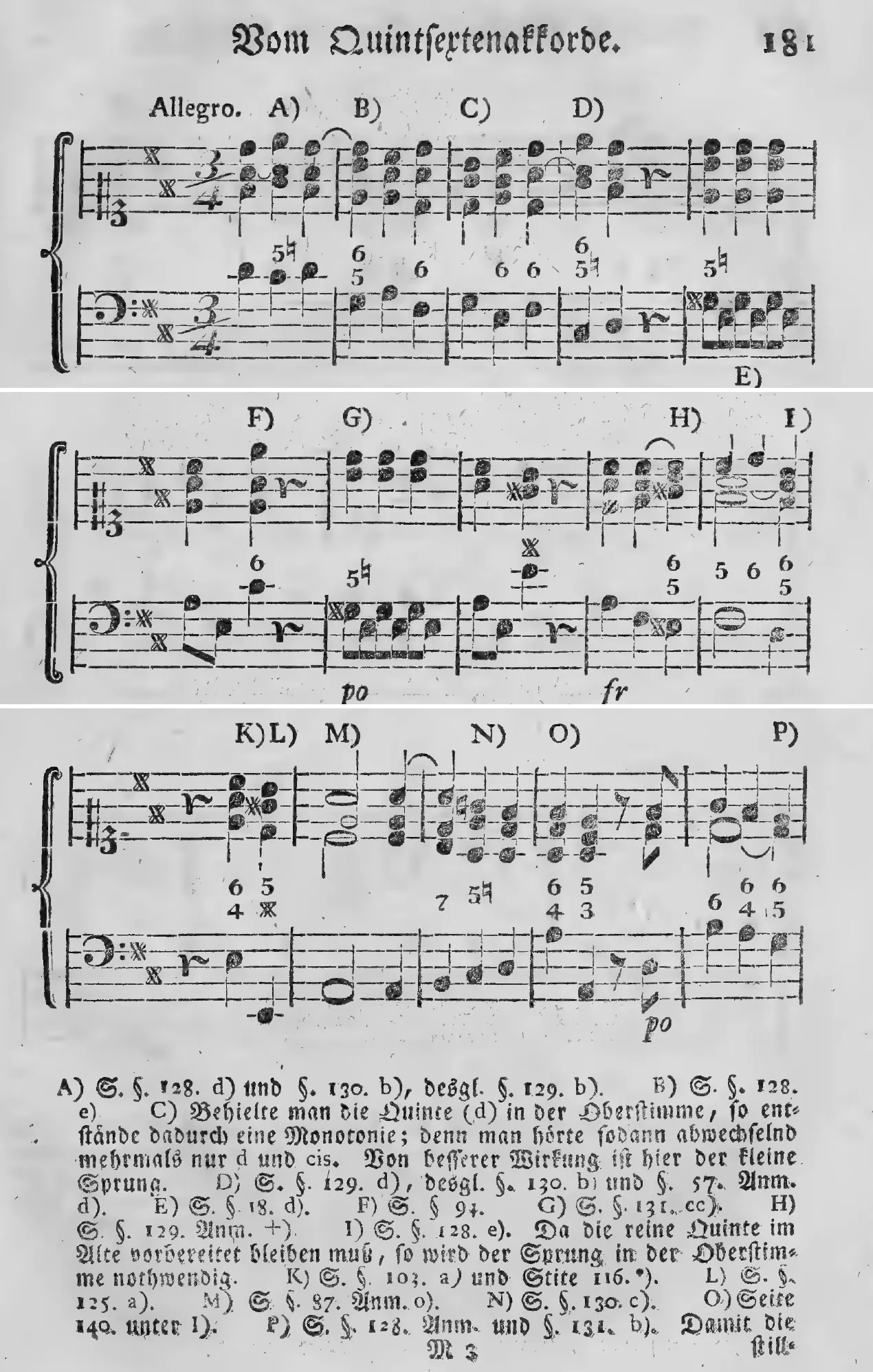 Notenbeyspiel: Allegro, A) B) C) D), erstes System des Übungsexempels (dreystimmig) zum Quintsextenakkorde, mit Vortragsbezeichnung »po« (poco) · E) F) G) H) I), zweytes System des Übungsexempels, mit Vortragsbezeichnungen »po« und »fr« (forte?) · K) L) M) N) O) P), drittes System des Übungsexempels, mit Vortragsbezeichnung »po«