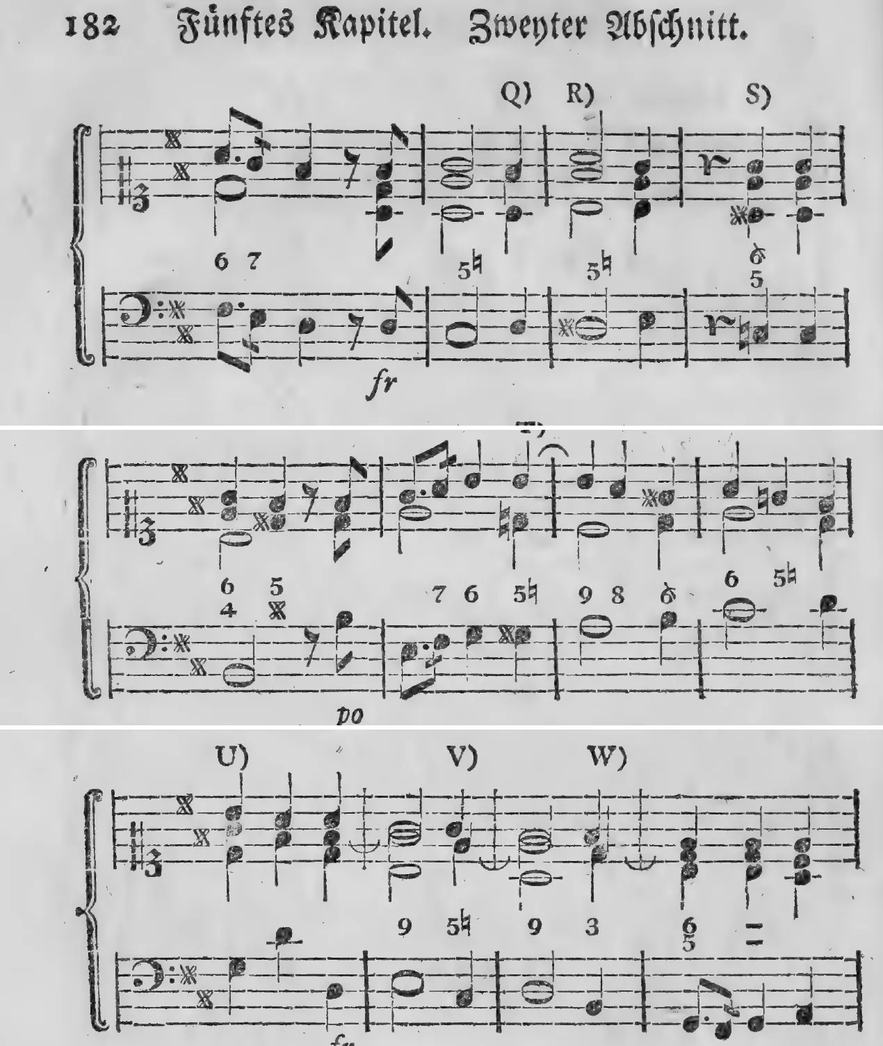 Notenbeyspiel: Q) R) S), Fortsetzung des Übungsexempels · T), Fortsetzung des Übungsexempels · U) V) W), Fortsetzung des Übungsexempels
