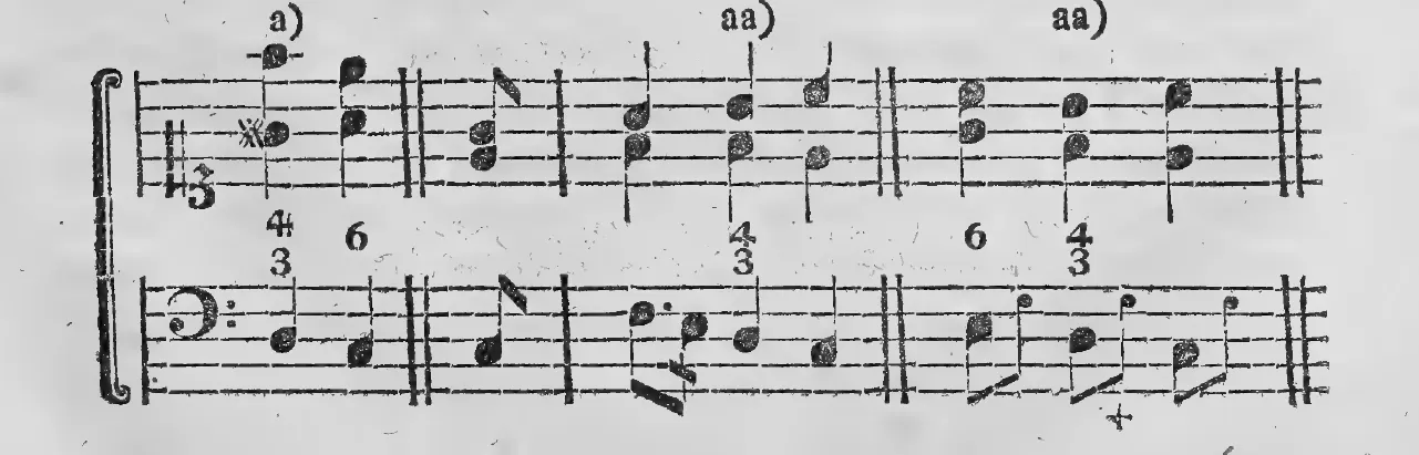 Notenbeyspiel: a) aa) aa), erstes System – drey- und zweystimmige Begleitung des Terzquartenakkordes