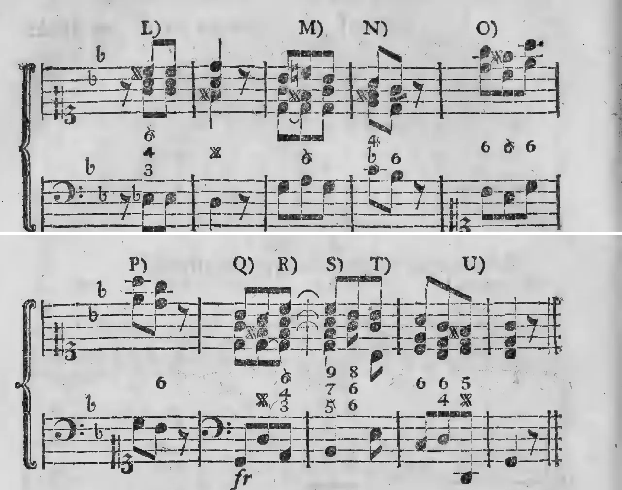 Notenbeyspiel: §.138, Buchstaben L)–O): drittes Teilsystem · §.138, Buchstaben P)–U): viertes und letztes Teilsystem des Uebungsexempels