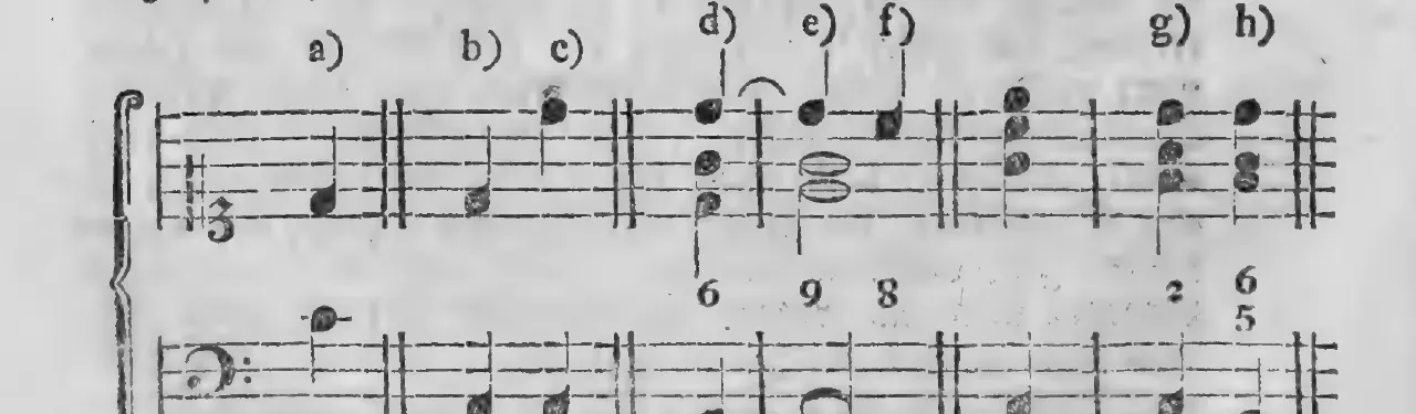 Notenbeyspiel: §.146, Buchstaben a) b) c) d) e) f) g) h), Lage der None vom Basse und Unterschied zum Sekundenakkorde