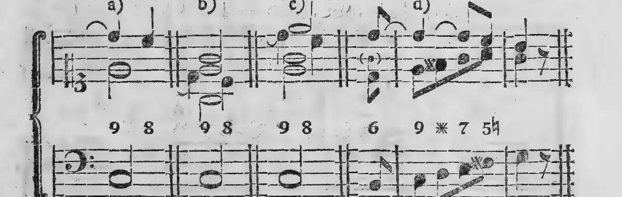 Notenbeyspiel: §.147, Buchstaben a) b) c) d), drey-/fünfstimmige Begleitung des Nonenakkordes