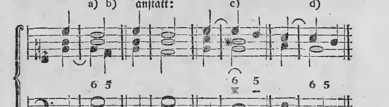 Notenbeyspiel: §.150, Buchstaben a) b) (Bildbeischrift »anstatt:«) c) d), Sexte als Vorhalt der Quinte im Dreyklange