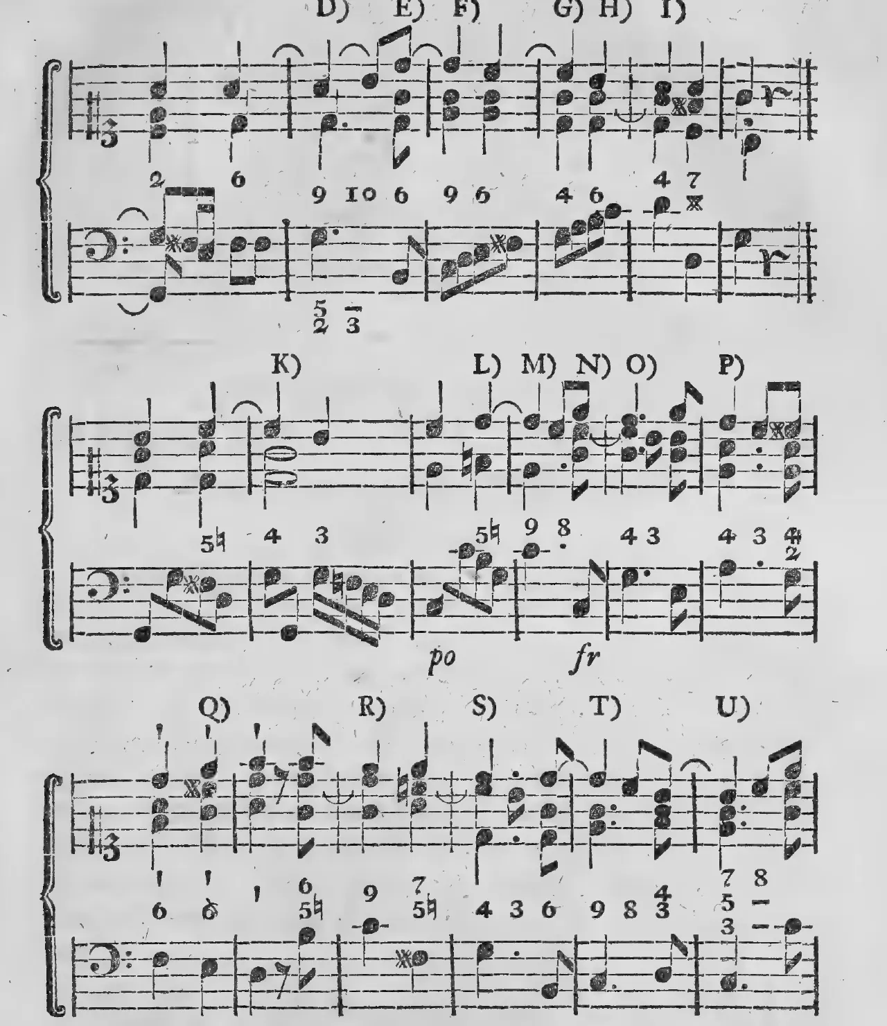 Notenbeyspiel: §.152, Buchstaben D)–U), zweytes und drittes System des Uebungsexempels