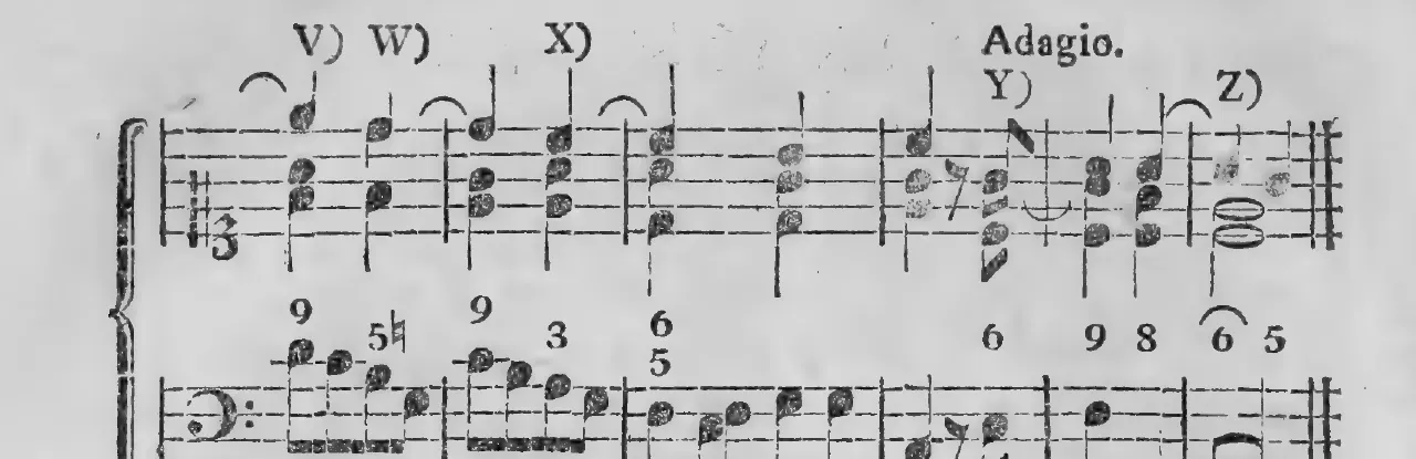 Notenbeyspiel: §.152, Buchstaben V)–Z) (mit Adagio-Wechsel bey Y), viertes und letztes System des Uebungsexempels