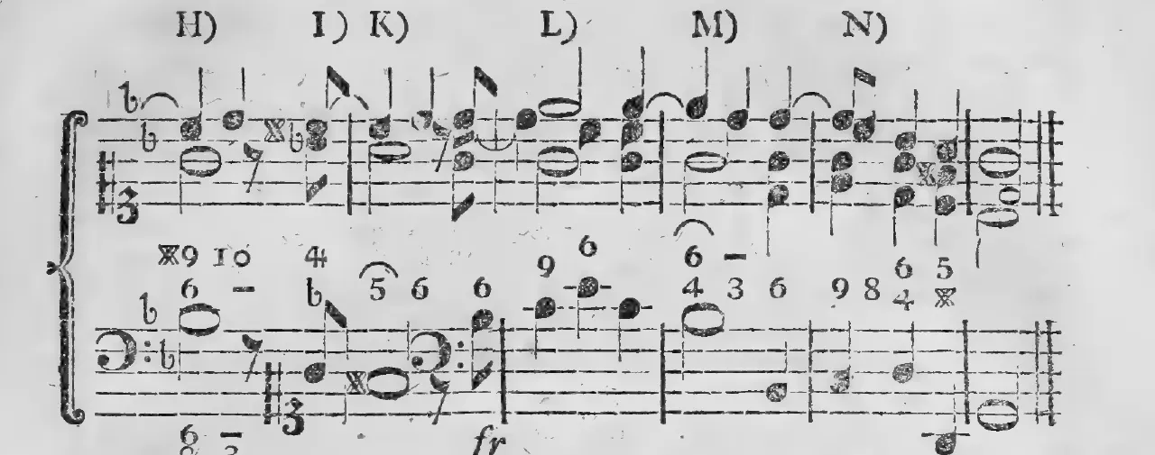 Notenbeyspiel: §.157, Buchstaben H)–N), zweytes und letztes System des Uebungsexempels