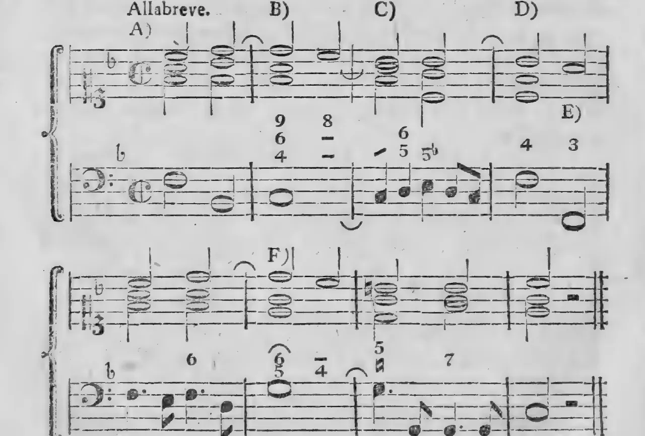Notenbeyspiel: §.163, Buchstaben A)–F), erstes System des Uebungsexempels