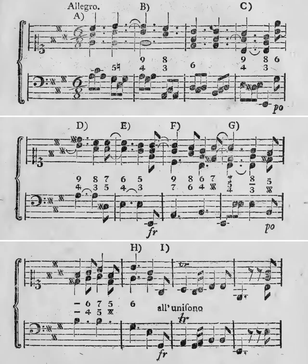 Notenbeyspiel: §.178, Buchstaben A)–C), erstes System des Uebungsexempels · §.178, Buchstaben D)–G), zweytes System des Uebungsexempels · §.178, Buchstaben H)–I) (Bildbeischrift »all’ unisono« bey I)), drittes System des Uebungsexempels
