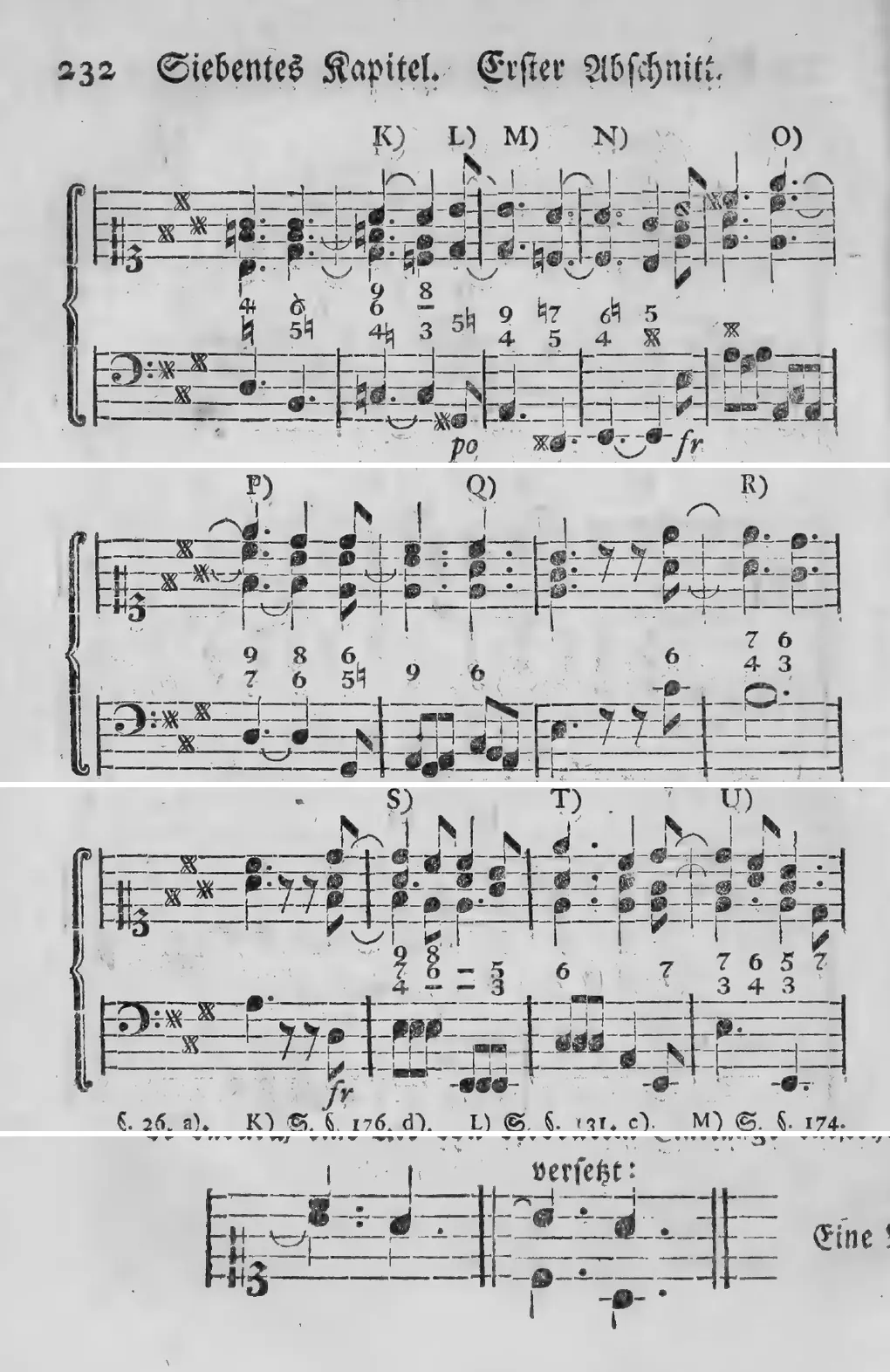 Notenbeyspiel: §.178, Buchstaben K)–O), viertes System des Uebungsexempels · §.178, Buchstaben P)–Q), fünftes System des Uebungsexempels · §.178, Buchstaben S)–U), sechstes System des Uebungsexempels · Fußnote Q zu §.178, transponierte Alternativstimme (Bildbeischrift »versetzt:«)