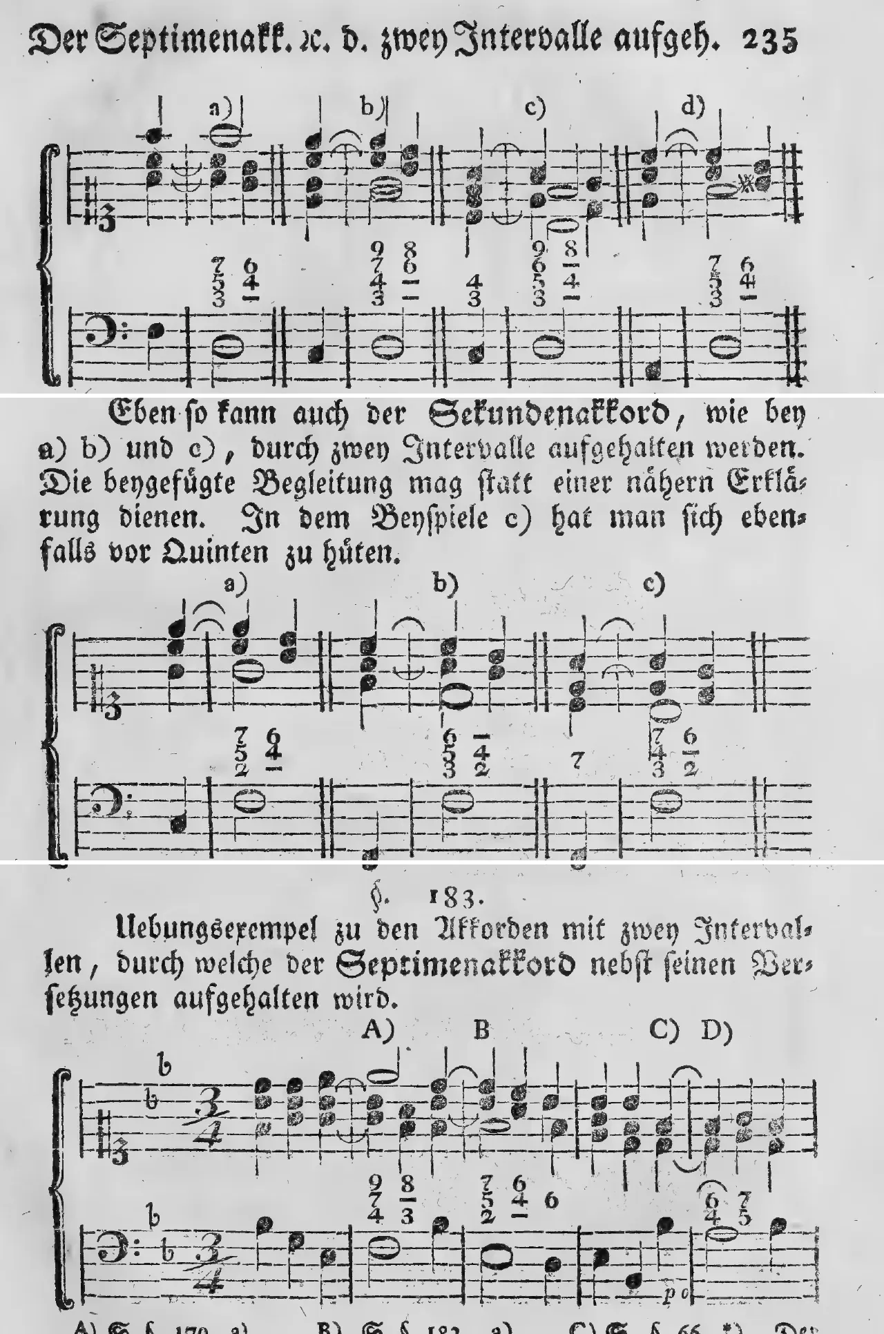 Notenbeyspiel: §.181, Buchstaben a)–d), Vorhalte im Terzquartenakkorde · §.182, Buchstaben a)–c), Vorhalte im Sekundenakkorde · §.183, Buchstaben A)–D), erstes System des Uebungsexempels