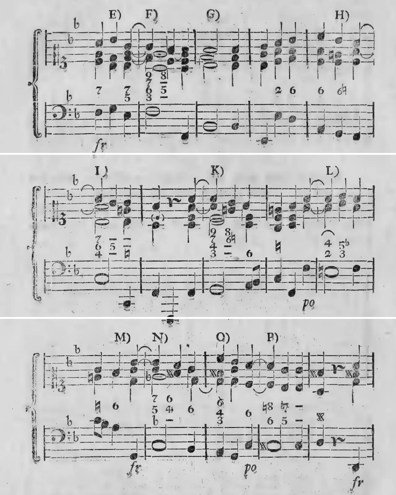 Notenbeyspiel: §.183, Buchstaben E)–H), zweytes System des Uebungsexempels · §.183, Buchstaben I)–L), drittes System des Uebungsexempels · §.183, Buchstaben M)–P), viertes System des Uebungsexempels
