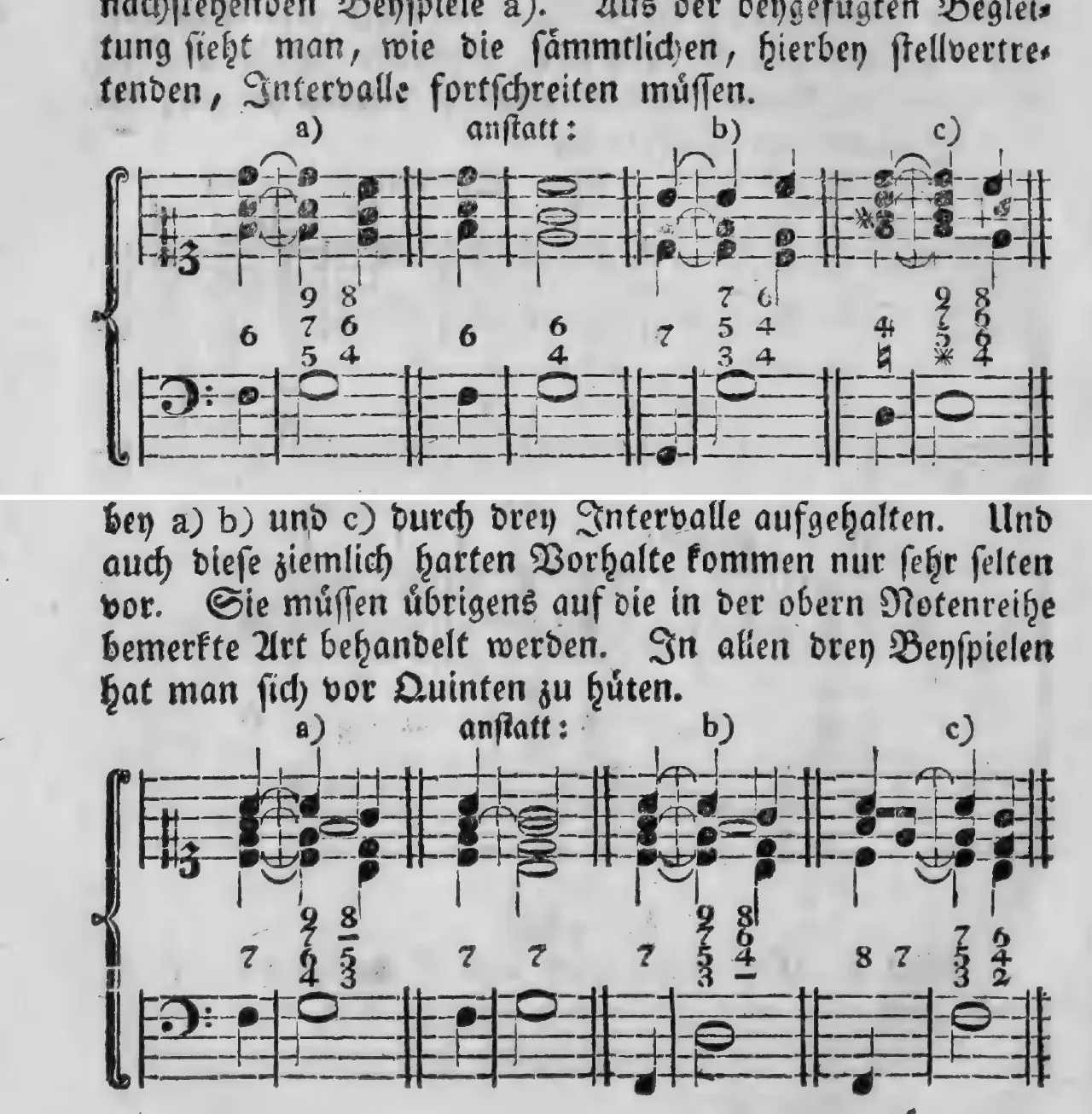 Notenbeyspiel: §.188, Buchstaben a)–c), Vorhalte im Quartsextenakkorde durch drey oder vier Intervalle · §.189, Buchstaben a)–c), Vorhalte im Septimen-, Terzquarten- und Sekundenakkorde durch drey Intervalle