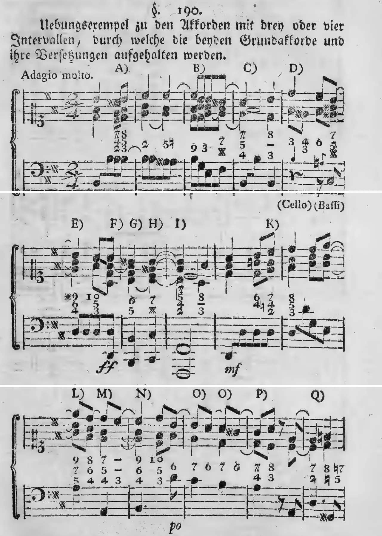 Notenbeyspiel: §.190, Buchstaben A)–D), erstes System des Uebungsexempels (Adagio molto) · §.190, Buchstaben E)–K), zweytes System · §.190, Buchstaben L)–Q), drittes System