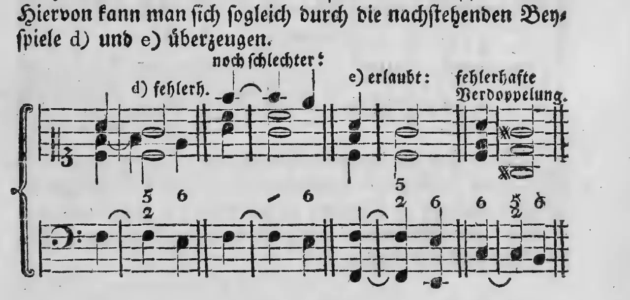 Notenbeyspiel: §.192, Buchstaben d) (Bildbeischrift »noch schlechter: fehlerh.«) und e) (Bildbeischrift »erlaubt: fehlerhafte Verdoppelung.«)