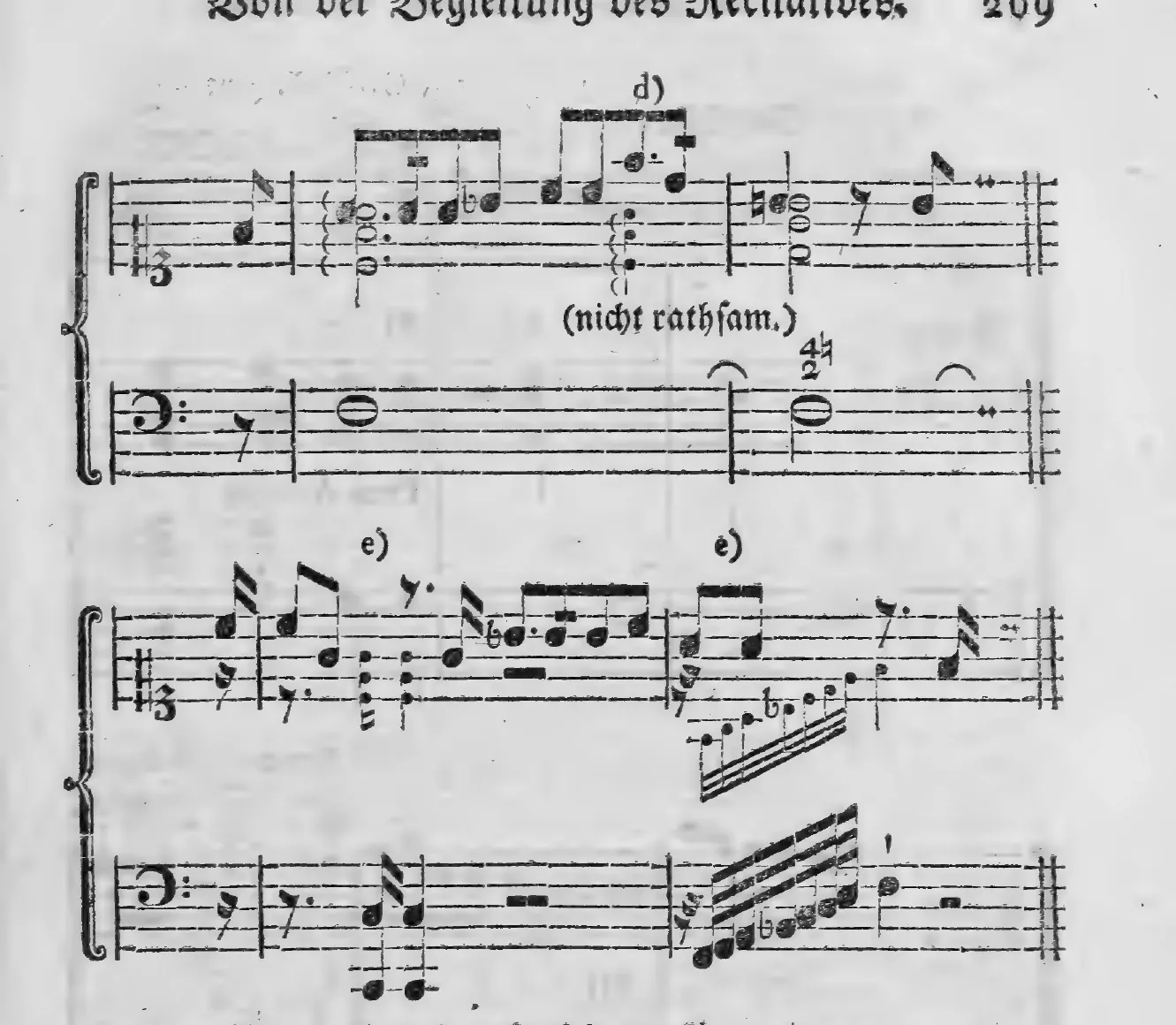 Notenbeyspiel: §.211, Fortsetzung, Buchstaben d) (mit der Anmerkung »nicht rathsam.« sowie Ziffern 4♮/2) und e) e), zweytes System