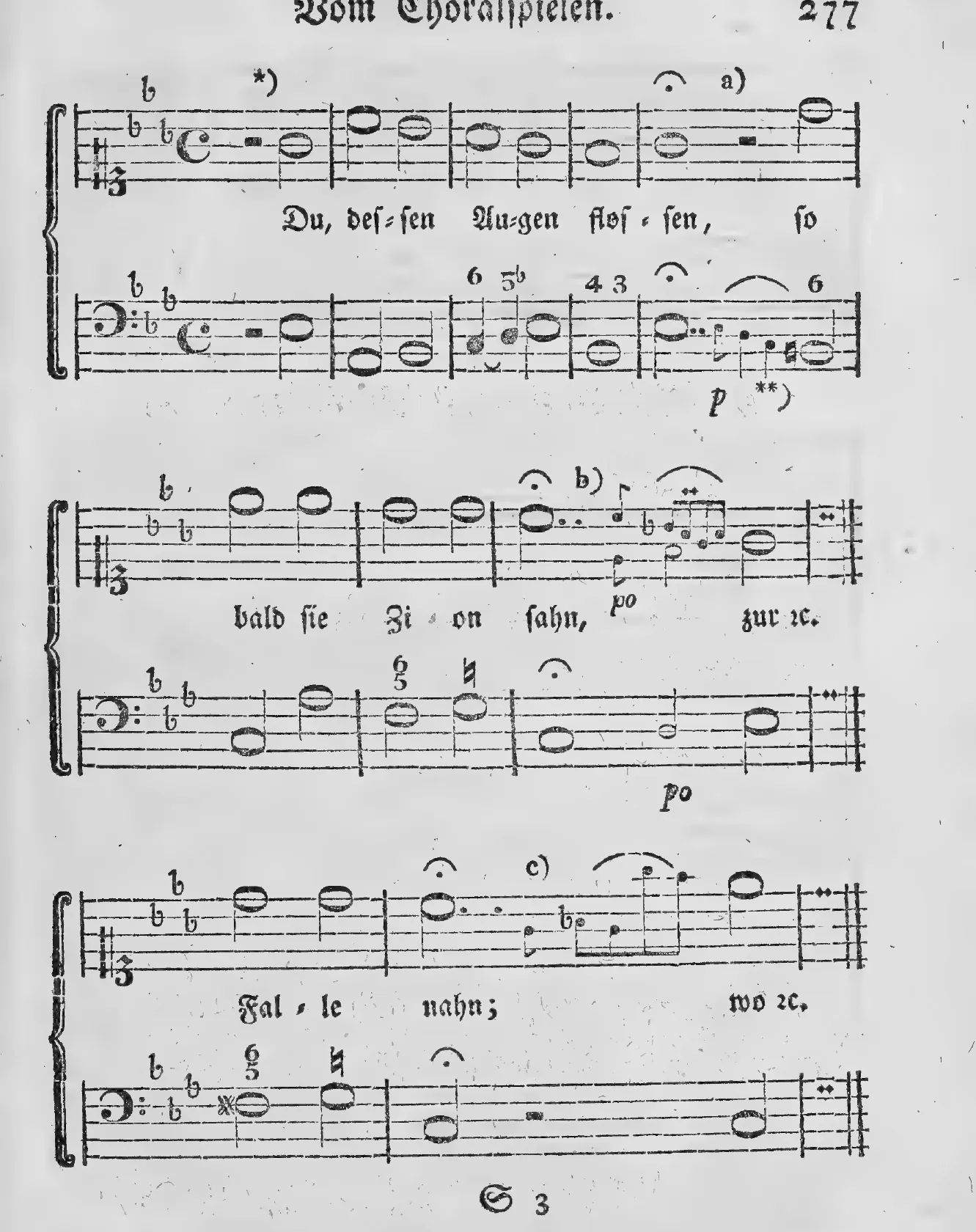 Notenbeyspiel: §.217, drey Systeme mit der Choralmelodie »Du, dessen Augen flossen, so bald sie Zion sahn, Falle nahn; wo etc.« (Phrygische Tonart), Buchstaben ) a), b) po / ) po, c) (Ziffern 6/5♭, 4 3, 6/5, 6)