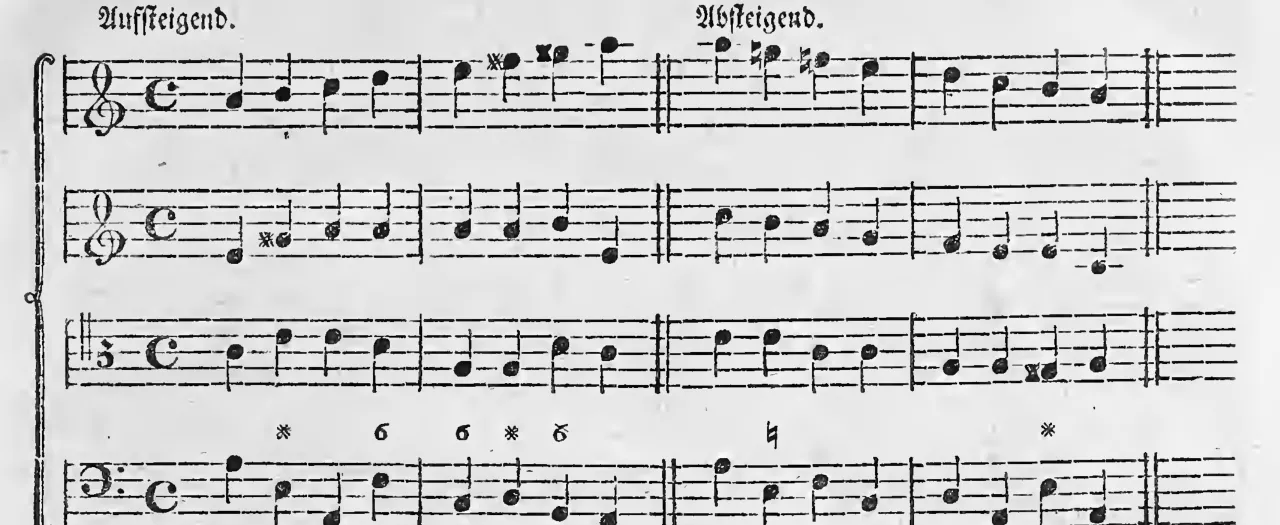 Notenbeispiel gedr. S. 13: A-moll-Tonleiter mit erhöhtem 6. und 7. Ton aufsteigend, natürlich absteigend, vierstimmig, beziffert