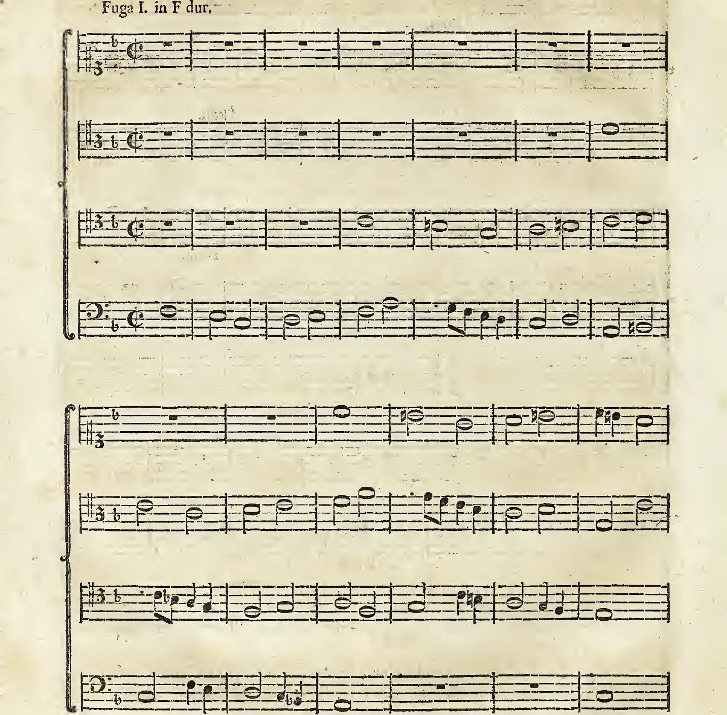 Notenbeispiel gedr. S. 204: Fuga I. in F dur a quattro, vierstimmige Fugenexposition