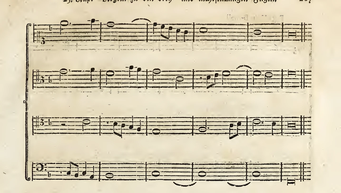 Notenbeispiel gedr. S. 207: Fortsetzung und Schluß der Fuga I. in F dur a quattro