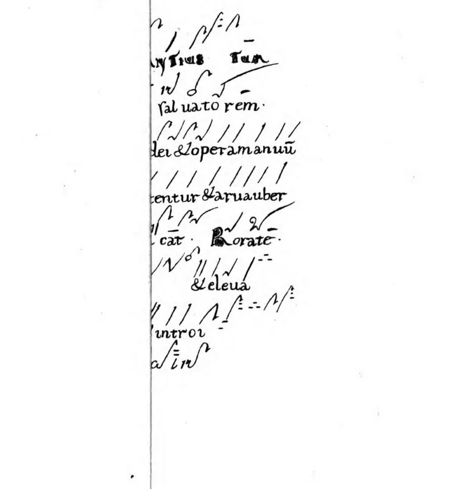 Faksimile PDF-S. 69: mittelalterliche Neumenhandschrift (linienlose Neumen) über lateinischem liturgischem Text, Adventsgesänge