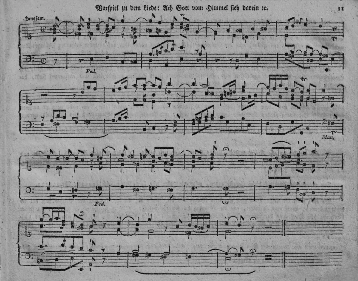 Notenbeyspiel, vierstimmiger Orgelsatz: vollständiges Vorspiel zu »Ach Gott vom Himmel sieh darein«, überschrieben »Langsam.«