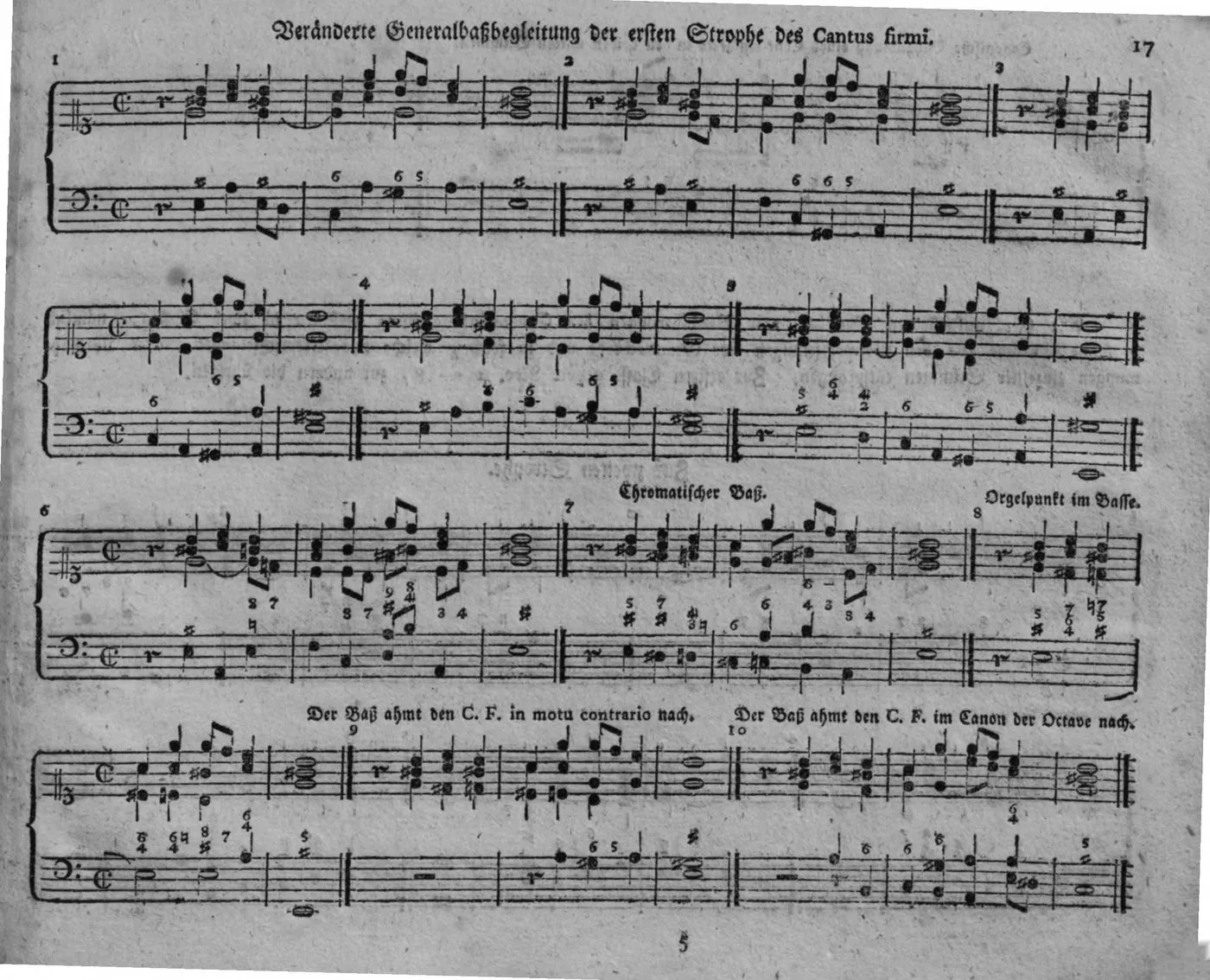 Notenbeyspiel, zehn durchnummerierte Varianten der Generalbaßbegleitung der ersten Choralstrophe (»Veränderte Generalbaßbegleitung der ersten Strophe des Cantus firmi.«), darunter »Chromatischer Baß.«, »Orgelpunkt im Basse.«, »Der Baß ahmt den C. F. in motu contrario nach.«, »Der Baß ahmt den C. F. im Canon der Octave nach.«