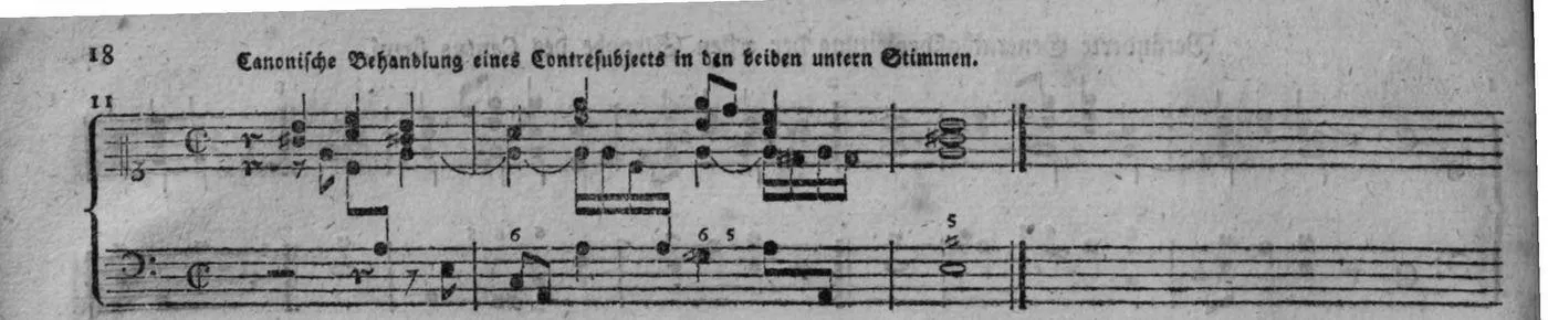 Notenbeyspiel, Variante 11: »Canonische Behandlung eines Contresubjects in den beiden untern Stimmen.«