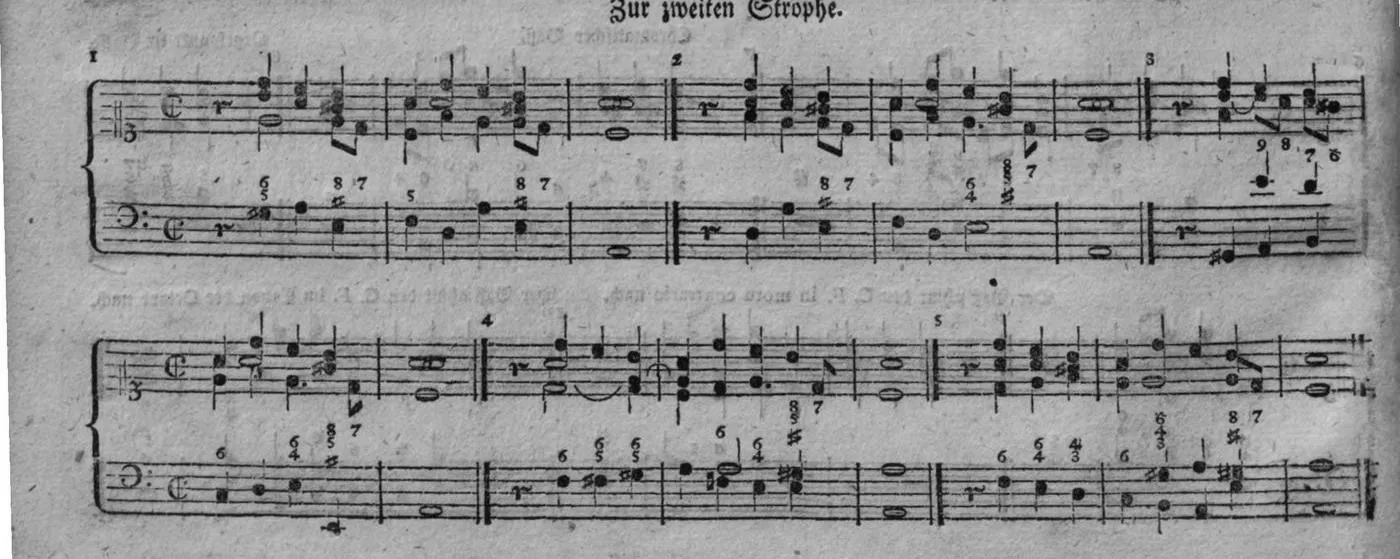 Notenbeyspiel, Beginn der Varianten »Zur zweiten Strophe.« (Nr. 1–5)