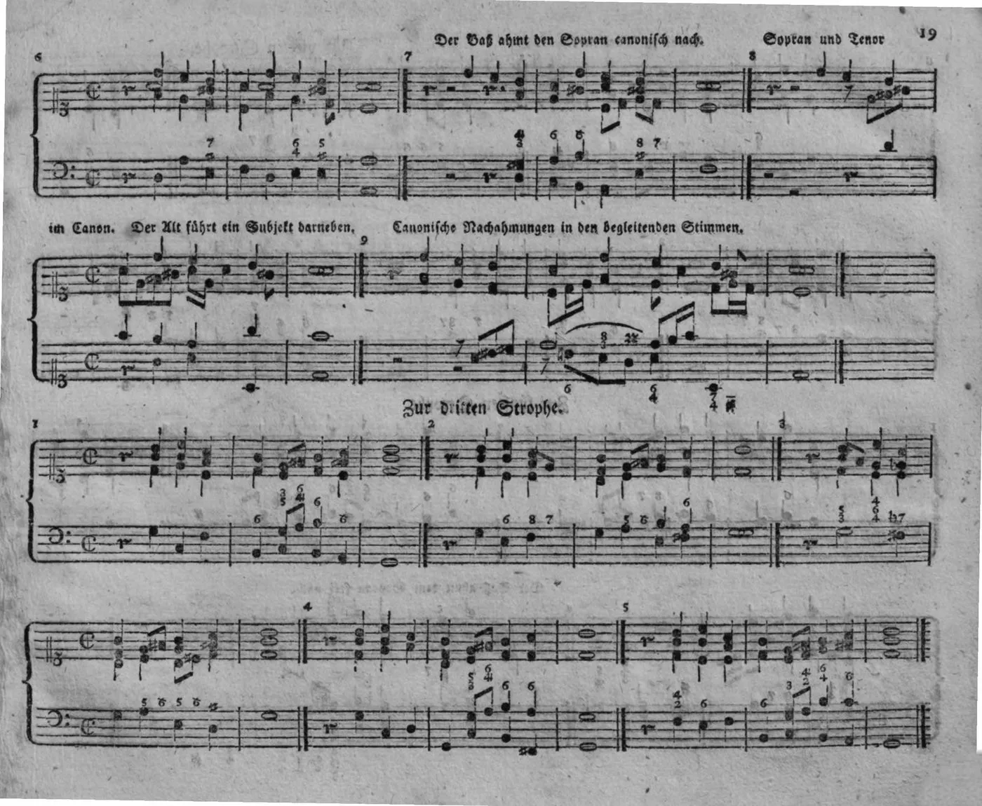 Notenbeyspiel, Fortsetzung »Zur zweiten Strophe.« (Nr. 6–9: u. a. »Der Baß ahmt den Sopran canonisch nach«, »Sopran und Tenor im Canon. Der Alt führt ein Subjekt darneben«, »Canonische Nachahmungen in den begleitenden Stimmen«), sowie Beginn »Zur dritten Strophe.« (Nr. 1–5)
