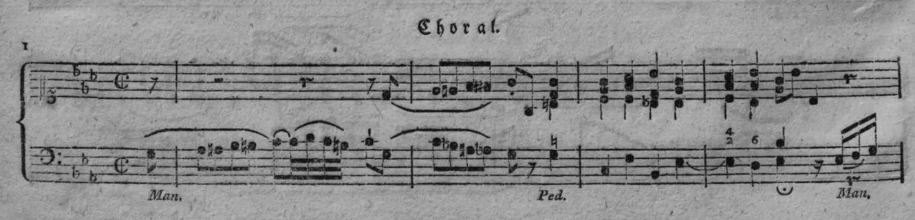 Notenbeyspiel, vierstimmiger Orgelsatz: Beginn des Chorals (Nro. 1) mit Generalbaß, auf die Notenzeilen zugeschnitten