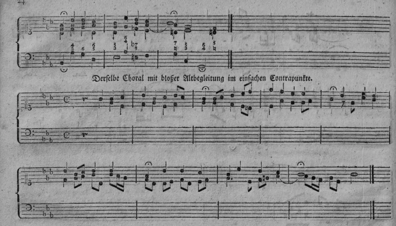 Notenbeyspiel, vierstimmiger Orgelsatz: Schluß von Nro. 2 sowie Beginn von Nro. 3, überschrieben »Derselbe Choral mit bloßer Altbegleitung im einfachen Contrapuncte.«, auf die Notenzeilen zugeschnitten