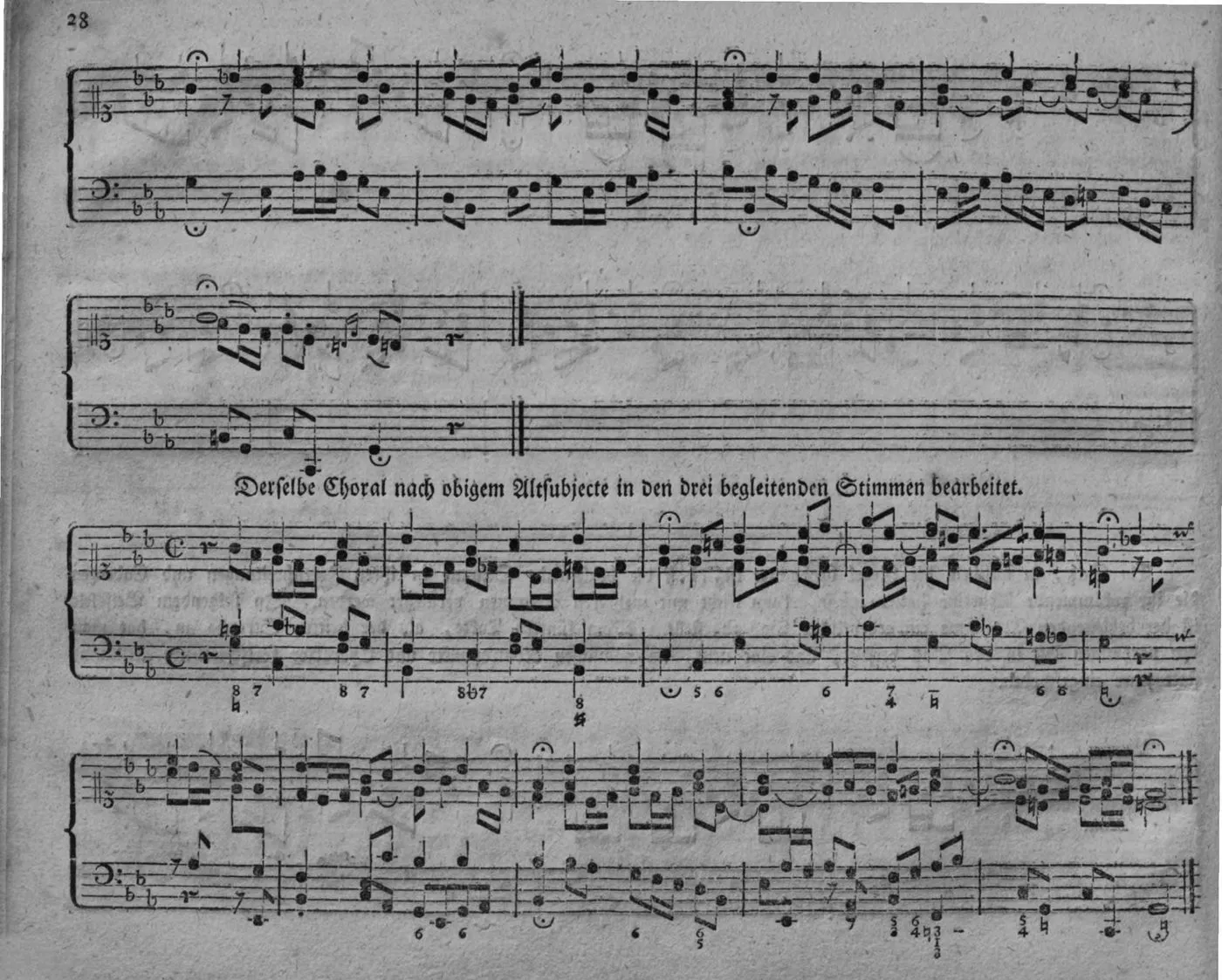 Notenbeyspiel, vierstimmiger Orgelsatz: Schluß von Nro. 5 sowie vollständiges Nro. 6, überschrieben »Derselbe Choral nach obigem Altsubjecte in den drei begleitenden Stimmen bearbeitet.«