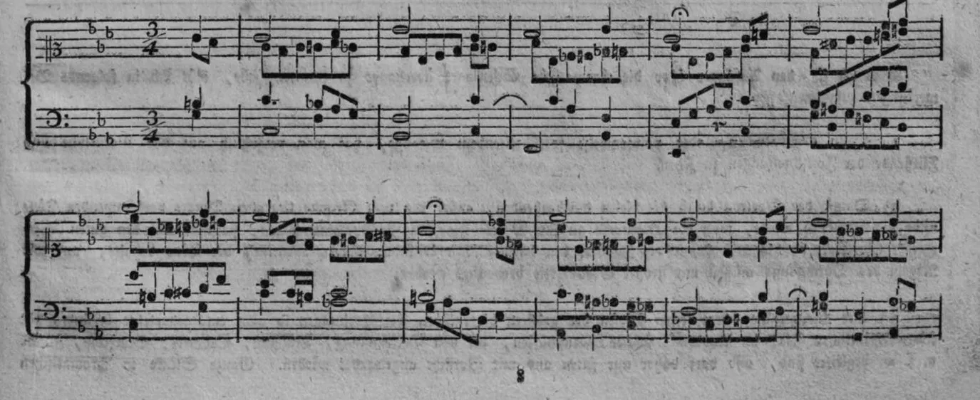 Notenbeyspiel, dreistimmiger Satz im Dreivierteltakt: Beginn der chromatischen Variation der Choralmelodie, auf die Notenzeilen zugeschnitten