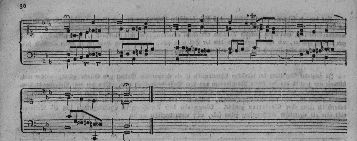 Notenbeyspiel, dreistimmiger Satz im Dreivierteltakt: Schluß der chromatischen Variation, auf die Notenzeilen zugeschnitten