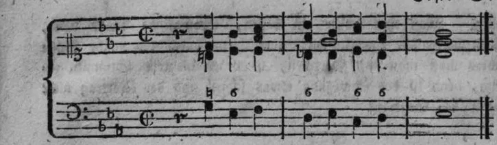 Notenbeyspiel, gedr. 32, erste Zeile: Generalbaß-Variante Nro. 1 zum Choral