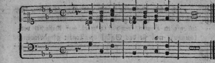 Notenbeyspiel, gedr. 33, erste Zeile: Generalbaß-Variante (unmittelbare Fortsetzung der letzten Zeile von gedr. 32)