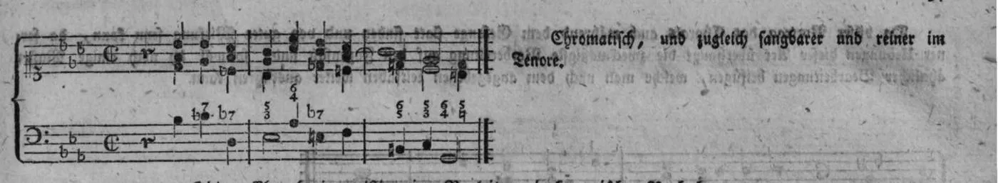 Notenbeyspiel, gedr. 37: Schluß der Fünften Strophe (»Chromatisch, und zugleich sangbarer und reiner im Tenore.«), auf die Notenzeilen zugeschnitten