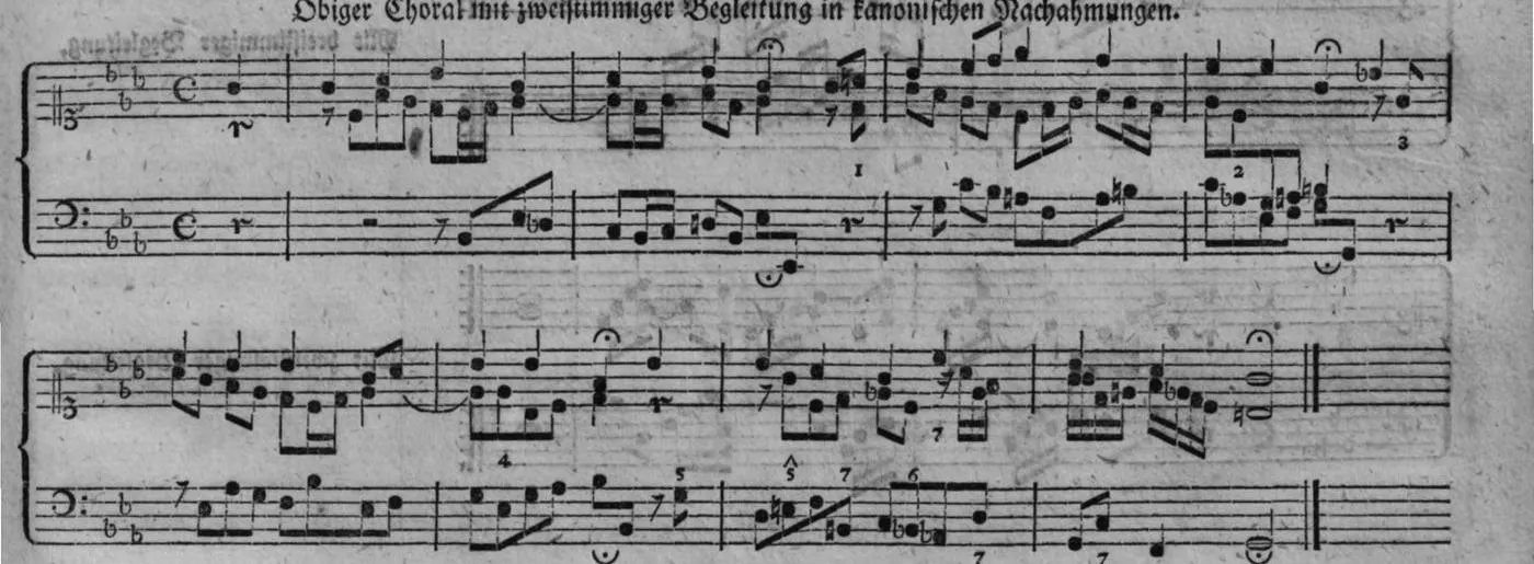 Notenbeyspiel, gedr. 37: vollständiger zweistimmiger Kanon-Satz des Chorals mit Ziffern 1–7 im Notentext, auf die Notenzeilen samt der Zwischenüberschrift zugeschnitten
