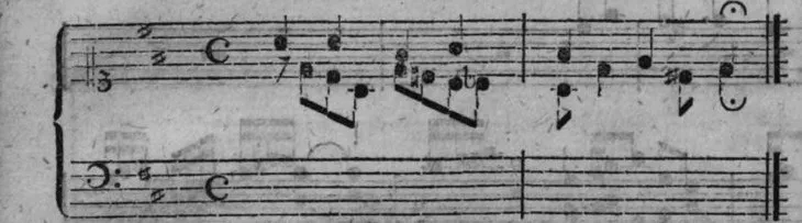 Notenbeyspiel, gedr. 40: das Thema mit darübergesetztem Cantus firmus (»Z. B.«), auf die Notenzeilen zugeschnitten